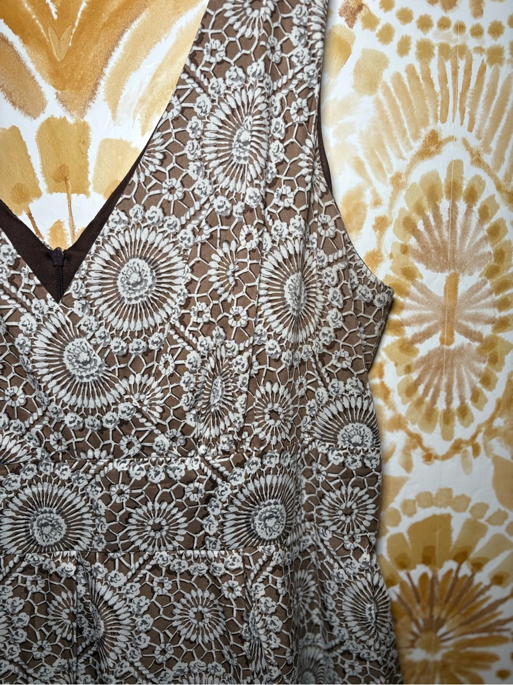 Boho Crochet Lace Print Sleeveless Dress | Neutral Cottagecore Summer Mini Dress - Picture 6 of 7